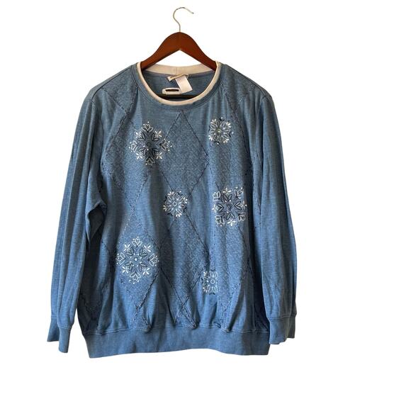 Vintage patchwork embroidered detail blue cozy sweater size x2 - Picture 1 of 6